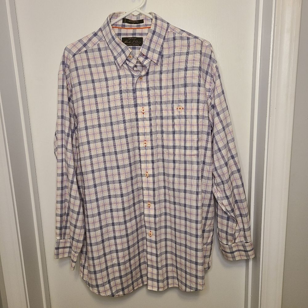 Orvis Men's Button Down Large Tattersall Plaid Long Sleeve 100% Cotton